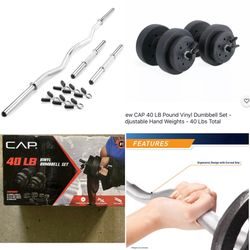)40lb weights With Curl Bar And Chrome Dumbell Handles(Comes with an extra pair handles to