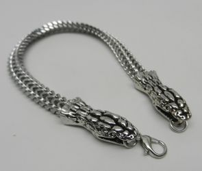 Two Snake Head Reptile 7mm Curb Link 8" Stainless Bracelet Men's Women's Unisex