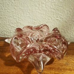 Vintage Pink Bullicante Controlled Bubble Glass Dish Ashtray MCM (Read)