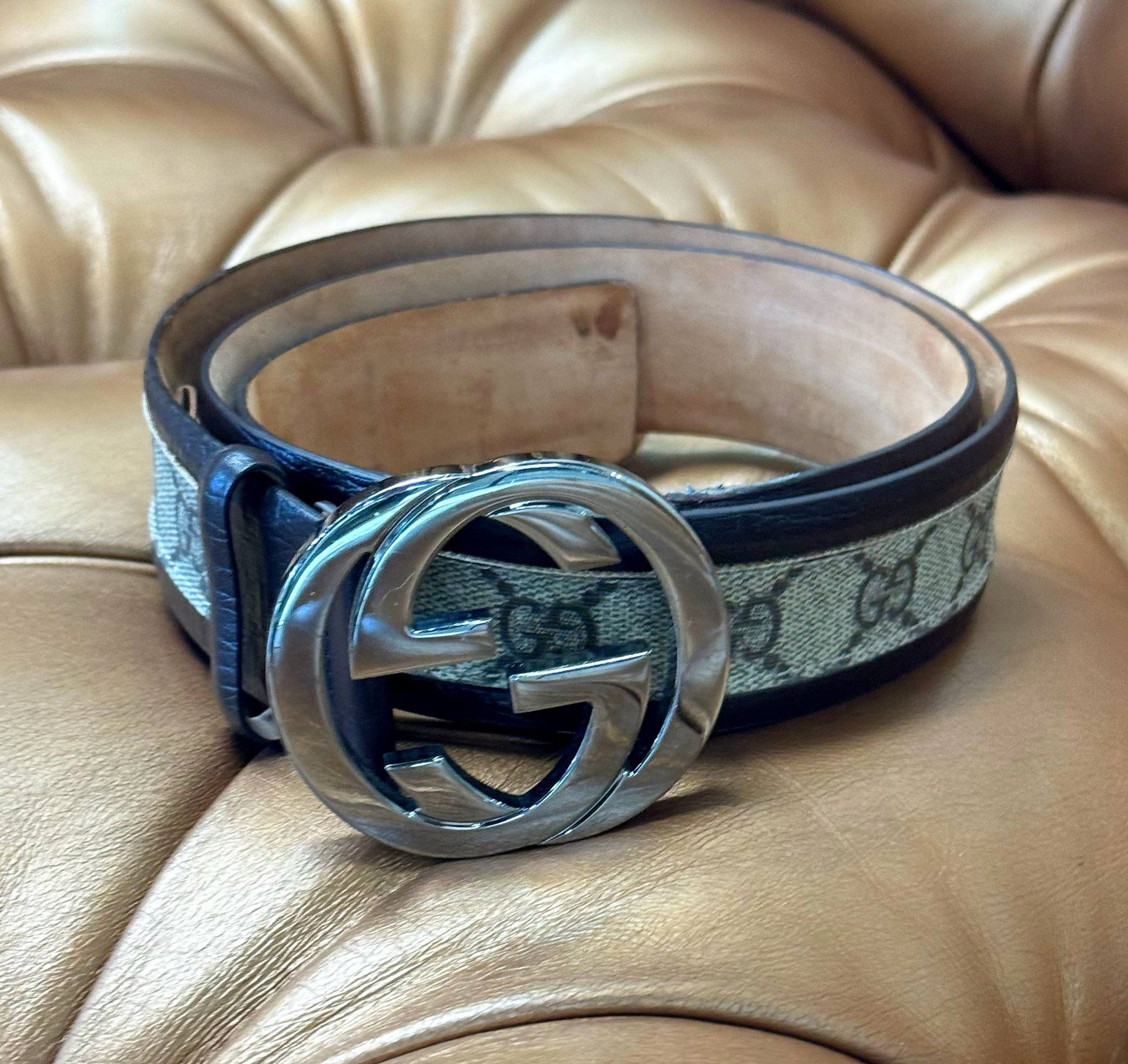 Gucci GG Monogram Canvas Brown Leather Belt Silver Tone Buckle 95/38