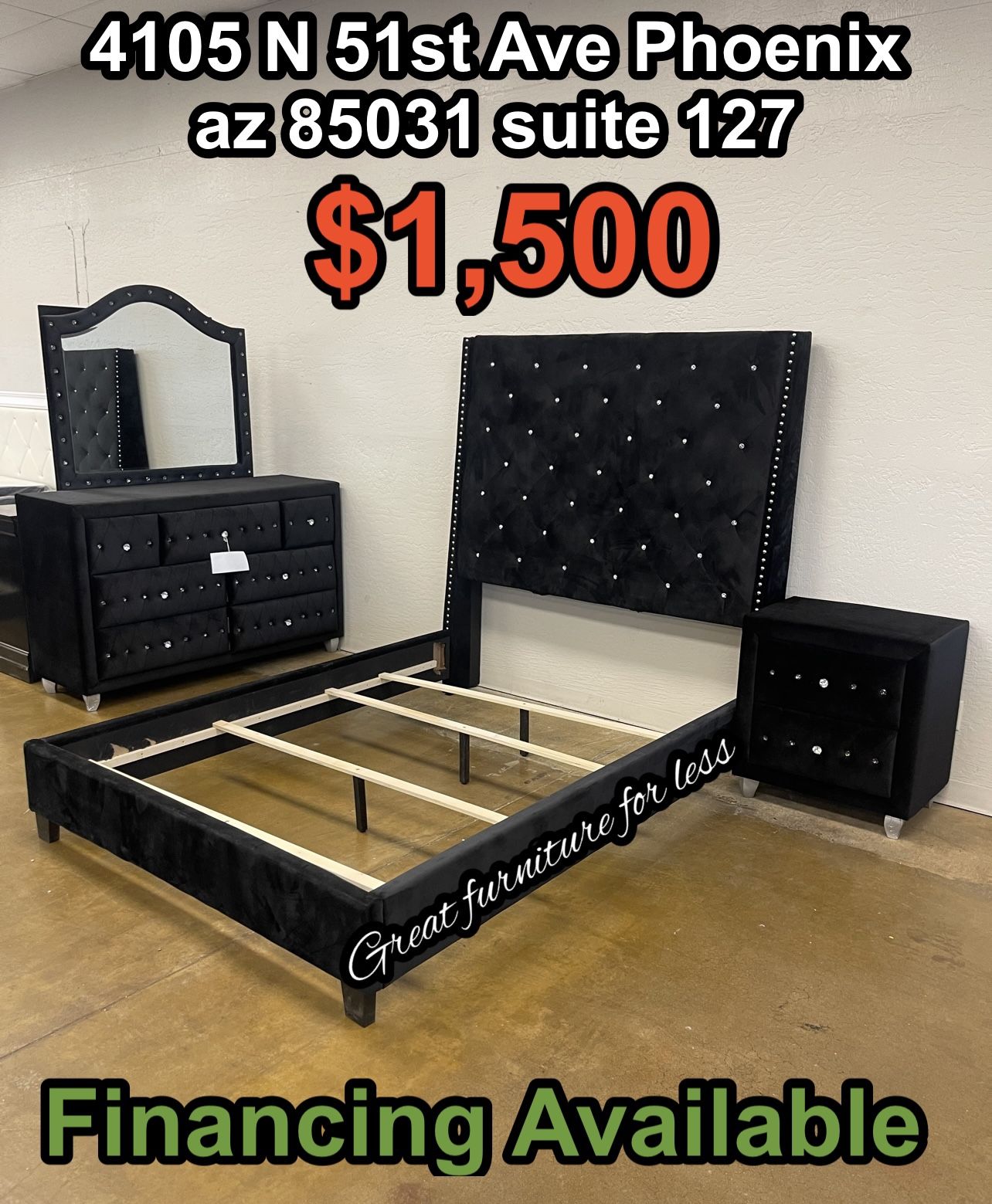 4 PCs Queen Size Bedroom Set Black Velvet Include Bed Frame Dresser Mirror And 1 Nightstand Brand New