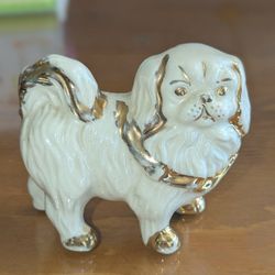 Vintage Porcelain Ceramic Pekingese White  And 24k Gold Dog Figurine
