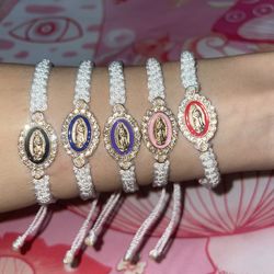 The Virgin Mary | Guadalupe | Adjustable Mexican Bracelet : White +Gold
