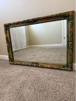 Vintage Ornate Green & Gold Wall Mirror – 23” x 34”