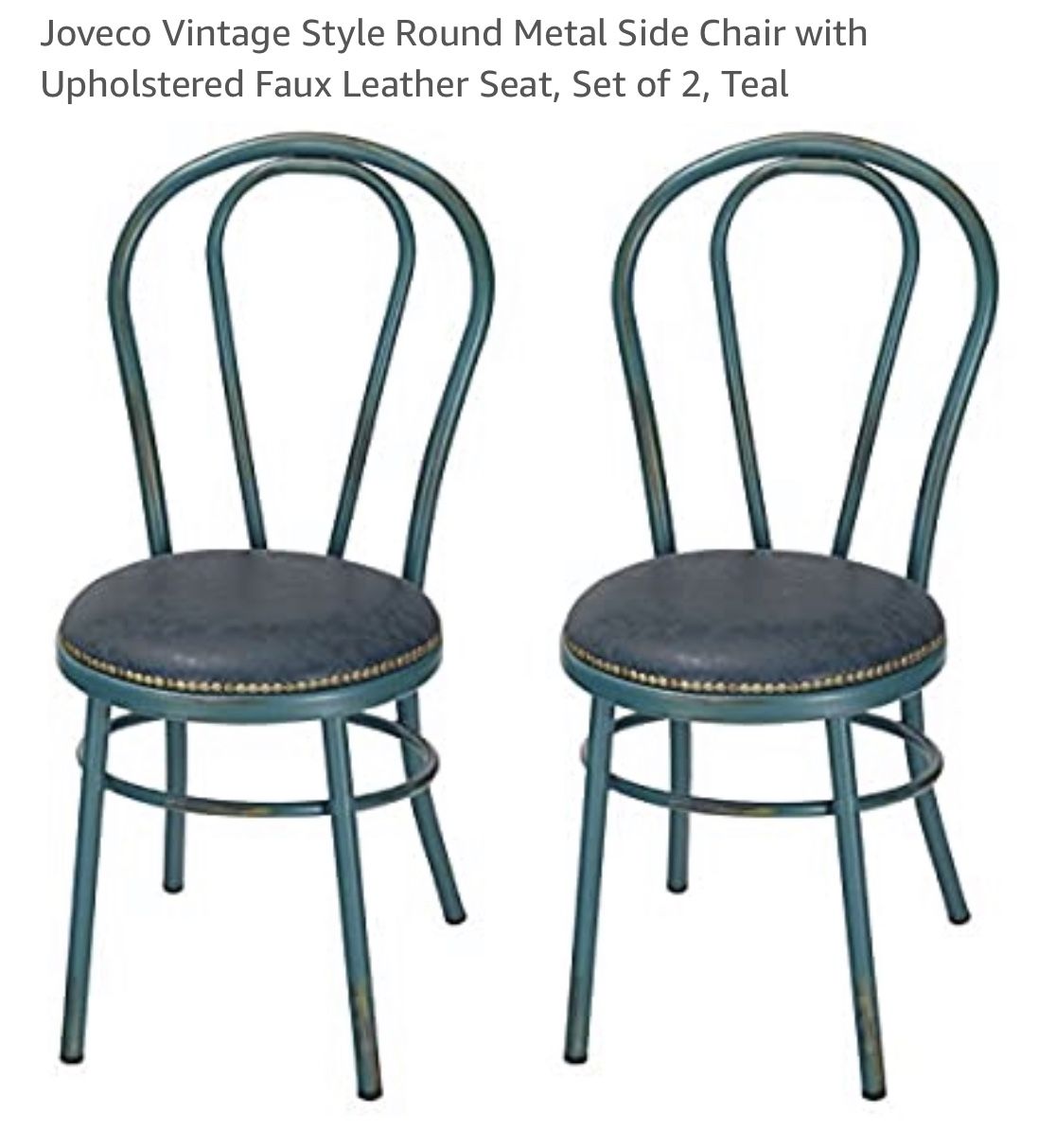 Vintage Style around Metal Side Chair with Upholstered Faux Leather Seat, set of 2, Teal