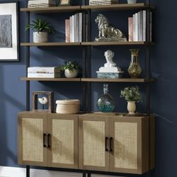  5-Shelf Ladder Bookshelf with Rattan Cabinet, Wall Mounted Bookcase