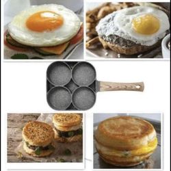 1pc Egg Frying Pan Nonstick Ham Pancake Egg Burger Frying Pan with Wooden Handle 4 Holes.
