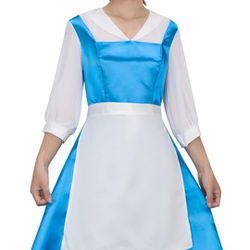 Adult Belle Cosplay Costume Maid Blue Dress Outfit Women Girls Beauty Princess Halloween Party Ball Gown Dress up

