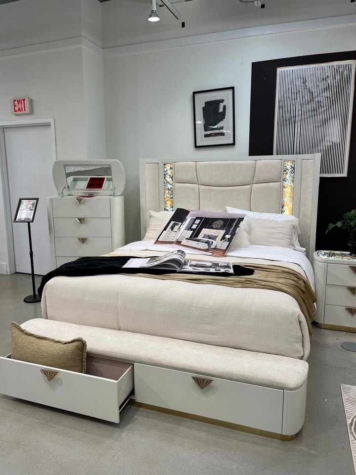 Modern & elegant 5 pc bedroom set features sleek high-gloss finish w/Practical storage solution