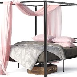 Black Metal Canopy Platform Bed Frame, Mattress Foundation with Steel Slat Support, No Box Spring Needed, Easy Assembly