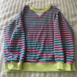Green and Pink Striped Crewneck Sweater