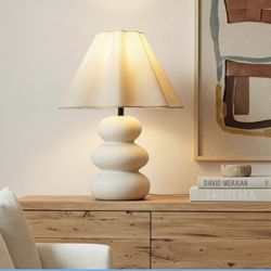 New 17" Table Lamp - Modern White Side Table Lamp with Textured Ceramic Pebble Base and Scalloped Linen Shade - Coastal Home Decor for Bedroom, Living
