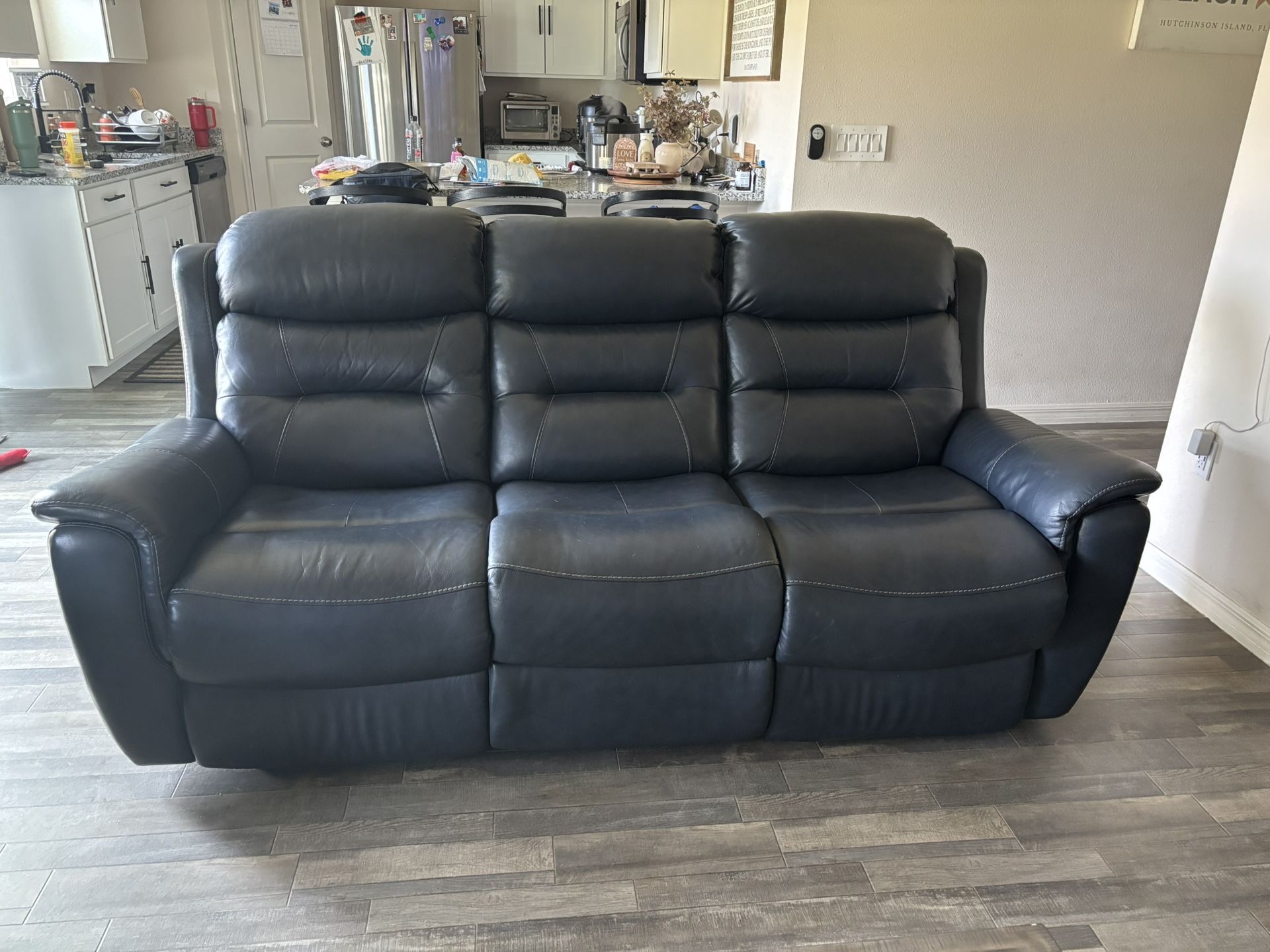 Blue Leather Sofa And Matching Recliner