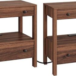 Set of 2, Nightstand with Charging Station, Wood Storage End Table with 2 Drawers & Open Shelf, Modern Bedside Table with USB & Type-C Ports for Bedro