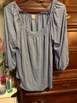 Ana Blue Peasant Blouse with 3/4 Sleeves