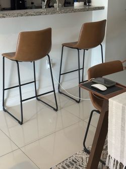 2 Camel Brown Leather Barstools