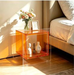Acrylic End Table 2-Tier: Small Nightstand Clear Side Table, Orange Stylish Modern Home Decor Furniture for Living Room