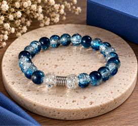 Blue Crackle Glass Bead Stretch Bracelet