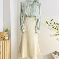 Light Green Satin Ribbon Shirt And Mermaid Skirt 