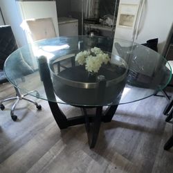 Modern Round Glass Top counter-height Dining Table with a Dark Wood Base &  Dining Chairs