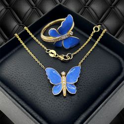 14K solid Gold Blue Butterfly Jewelry Set, Necklace & Adjustable Ring