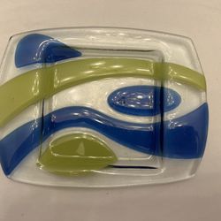 Used PartyLite Contempo Pillar Candle Holder/Trinket Dish- Blue/Green Pressed Glass DISCONTINUED & RETIRED