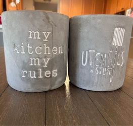 Two Rustic Industrial Heavy  Gray Cooking Utensil Holders