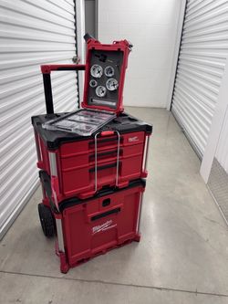 🛠️ MILWAUKEE PACKOUT ROLLING BOX, 3-DRAWER, ORGANIZER & HOLE SAW KIT ✨ (FIRM)