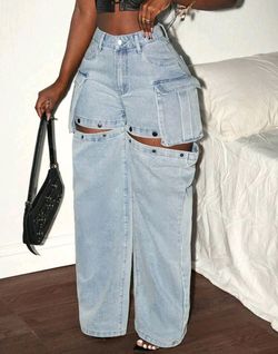 Light Wash Cargo Cutout Wide-Leg Jeans