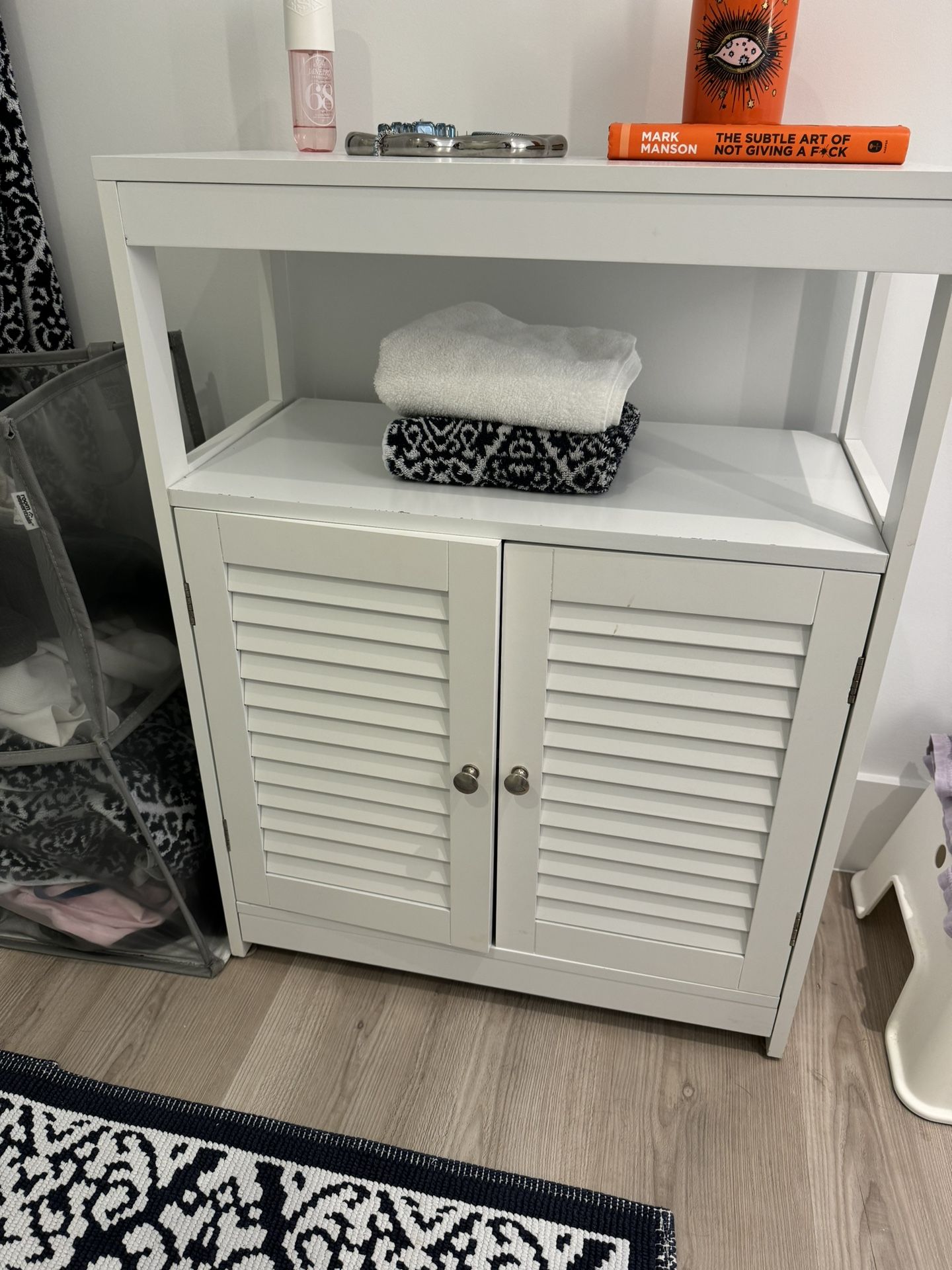 White Wooden Storage Cabinet with Shutter Doors & Open Shelf