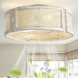 20" Boho Ceiling Fans with Lights, Rattan Ceiling Fans with Lights Remote Control, Flush Mount with 6 Speeds for Bedroom, Nursery, Living Room