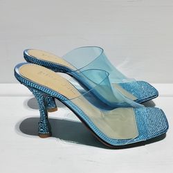 New Betsey Johnson Banks Champagne Blue Rhinestone Clear Toe Slide Heels Wmn 6.5