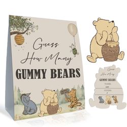 the Pooh Baby Shower Games Card, Included 1 Guess How Many Gummy Bears Sign and 30 Winnie Guessing Cards, Winnie Baby Shower Game for Boys Girls, Birt