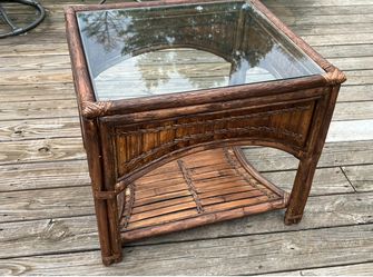 Brown Rattan Glass Top Table