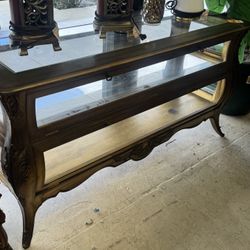 ANTIQUE FRENCH GLASS VIEWABLE BOMBAY CHEST W/SHELS - 53” x 19” x 27