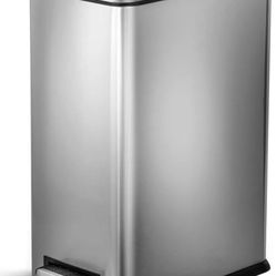 Home Zone Living 8 Gallon Slim Kitchen Trash Can with Soft Close Lid, Step Pedal, Bag Tuck Band, and Removable Liner, Stainless Steel, Silver