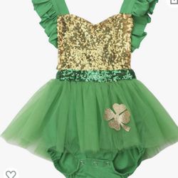 Newborn Baby Girls 1st ST Patrick's Day Outfit Green Sequin Romper Dress Ruffled Halter Bodysuit Tutu Dress 0-24M