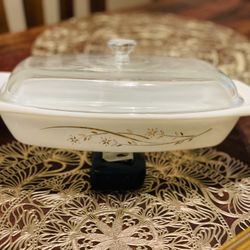 Vintage Pyrex 055 Golden Honeysuckle 2.5 Qt Casserole Dish Pyrex Ovenware Milk Glass & Gold Starflower Design 60s Retro Kitchen Made in USA