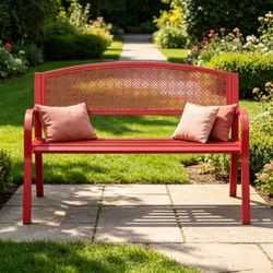 49 in. 2-Person Red Metal Outdoor Garden Bench