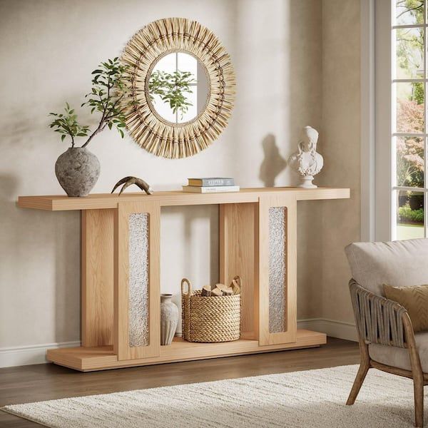 Turrella 71 in. Brown Rectangle Wood Console Table with Acrylic Legs, 2-Tier Entry Table Sofa Console for Hallway, Foyer