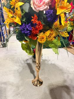 Gold Trumpet Vase with Artificial Flower Arrangement