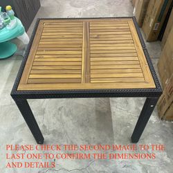 35" Square Acacia Wood Patio Dining Table for 4 – Wicker & Metal Frame Outdoor Table