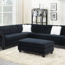Brand New Glam Black Velvet Crystal Tufted Sectional With Ottoman Included Financing Available