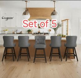 Set of 5 High Quality Barstools for kitchen counter. Solid Wood Legs. Extra thick cushion.