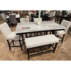 6 Piece Counter Height Faux Marble Top Dining Table Set 