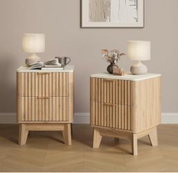 Set of 2 Nightstands with Marble Top and Drawers