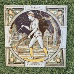 Antique 1880s English Minton Tile Ploughing by John Moyr Smith 6 Inches RARE
