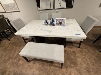 Marble-Top Dining Table with Chairs and Bench