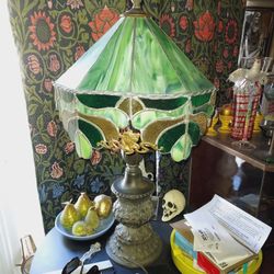 Vintage Malachite Green Slag Glass Tiffany Stickley Style Table Lamp Dated 1978