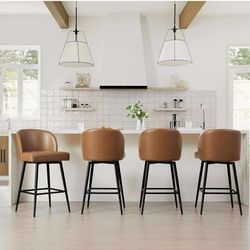 26inch Bar Stools Set of 4, 360° SWIVEL  Upholstered Barstools with Backs and Metal Legs, Faux Leather in Saddle Brown